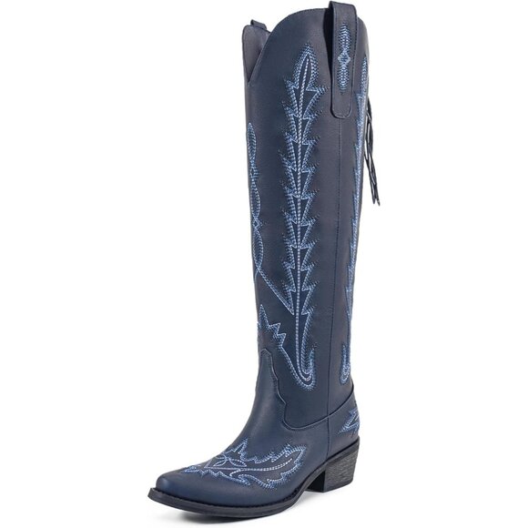 ⚡Women's Blue Knee High Wide Calf Lace Up Embroidered Cowgirl Boots Pull On - Picture 2 of 7